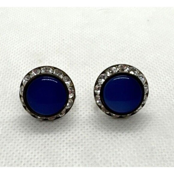 Vintage Blue Rhinestone Round Silver Tone Screw Back Earrings 1960s‎ Retro - Picture 2 of 7